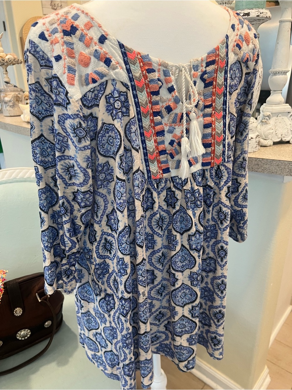 Lucky Brand Blue & White Embroidered Tassel Casual Dress